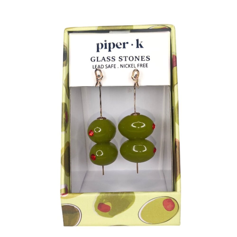 Piper K Martini Olive Glass Stone Drop Hook Earrings
